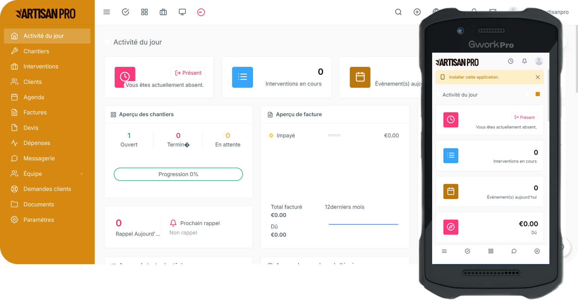 Artisan Pro - Plateforme de gestion BTP avec vue desktop et mobile